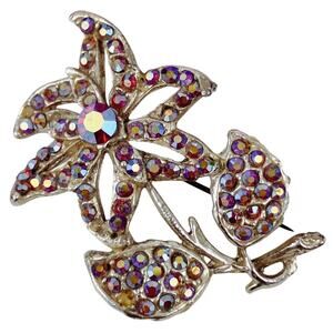 Mid Century AB Rhinestone Floral Brooch Silver Tone Textured Metal Vintage Pin